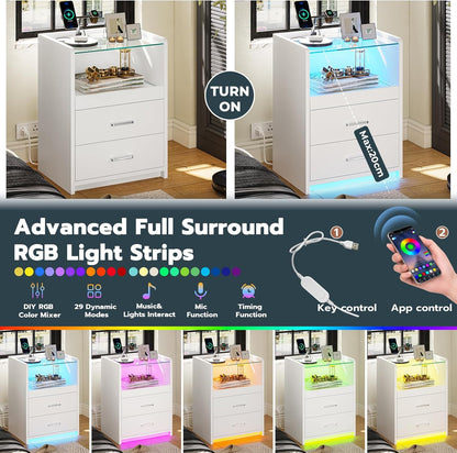 White Nightstand with Charging Station and LED Lights, 2 Drawers LED Night Stand with Tempered Glass Tabletop, Modern End Side Tables with Pull-Out Tray, Open Storage Bedside Tables