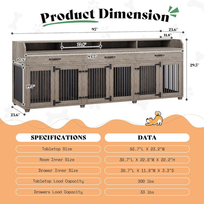 95" Large Dog Crate Furniture with Storage, 3-Room Indoor Wooden Dog Kennel for Large/Medium Dogs, TV Stand & Sideboard with Drawers & Removable Divider, Grey