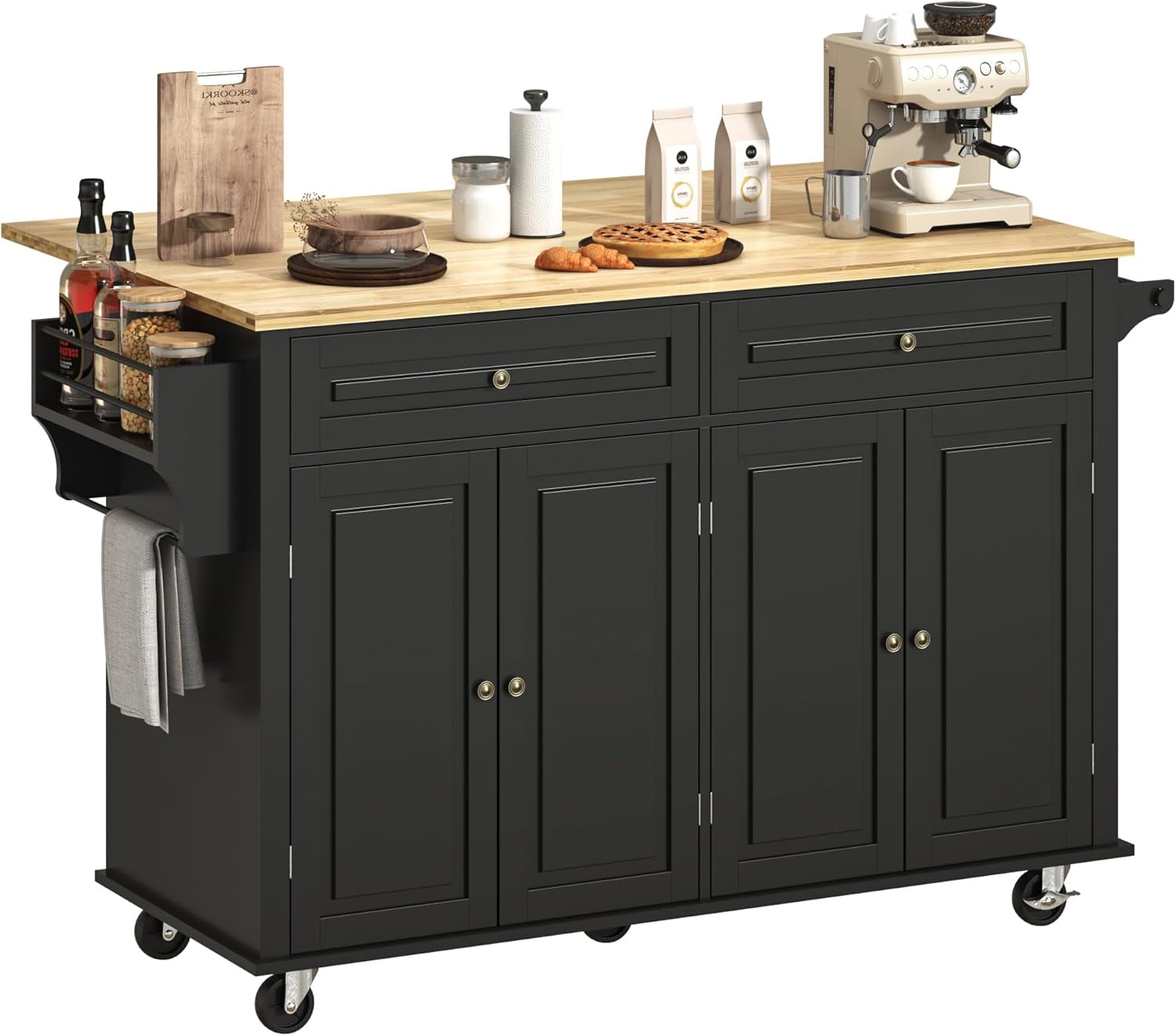 59" W Rolling Kitchen Island with Drop Leaf, Movable Kitchen Carts on Wheels Island with Storage Cabinet&Charging Station, Island Table for Kitchen W/Rubber Wood Top, Rack, Hook, Drawers, Black