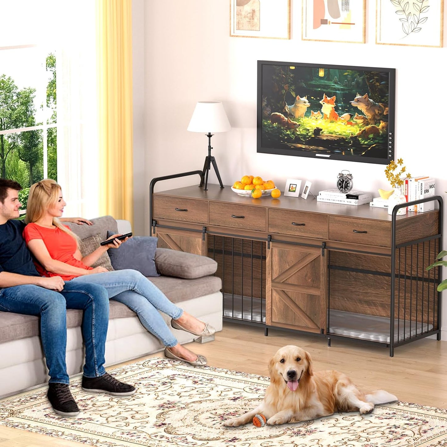 78.7 Inch Large Dog Crate Furniture for 2 Dogs Extra Large Dog Kennel Heavy Duty Wood Dog Crate Double Dog Crates Furniture TV Stand (Black)