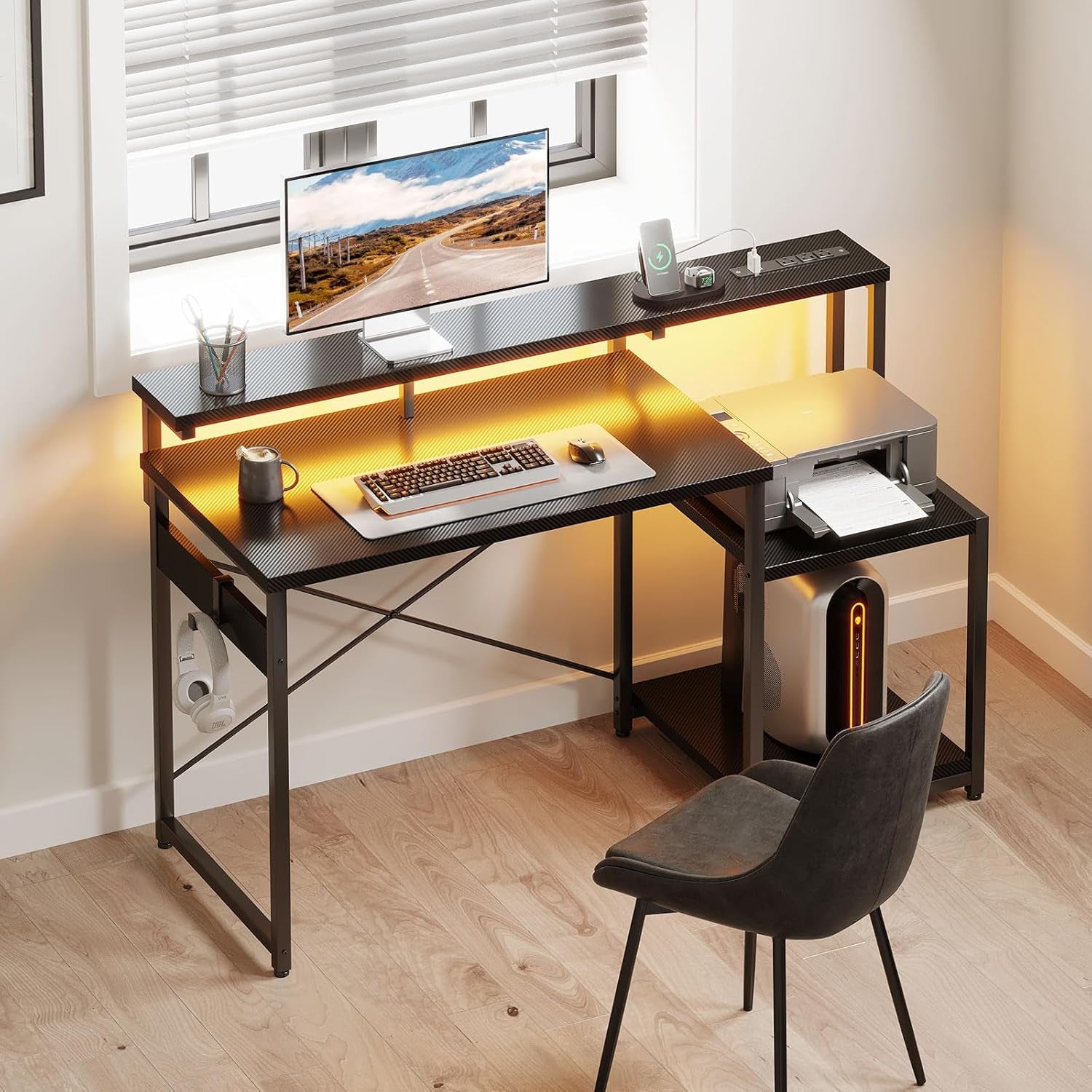 Computer Desk, 48 Inch Gaming Desk with Led Lights & Power Outlet, Office Desk with Storage Shelves, Reversible Desk with Monitor Shelf & Headphone Hook, Carbon Fiber Black