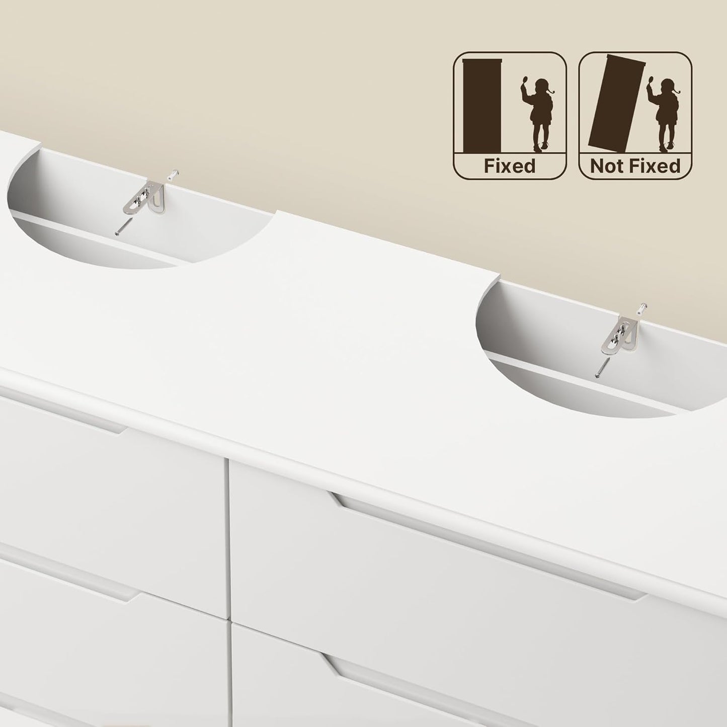 6 Drawer Double Dresser for Bedroom with Anti-Tip Design, Modern Wide Wooden Chest of Drawers with Cut-Out Handles, Closet Storage Organizer and TV Stand for Living Room, Hallway, Entryway