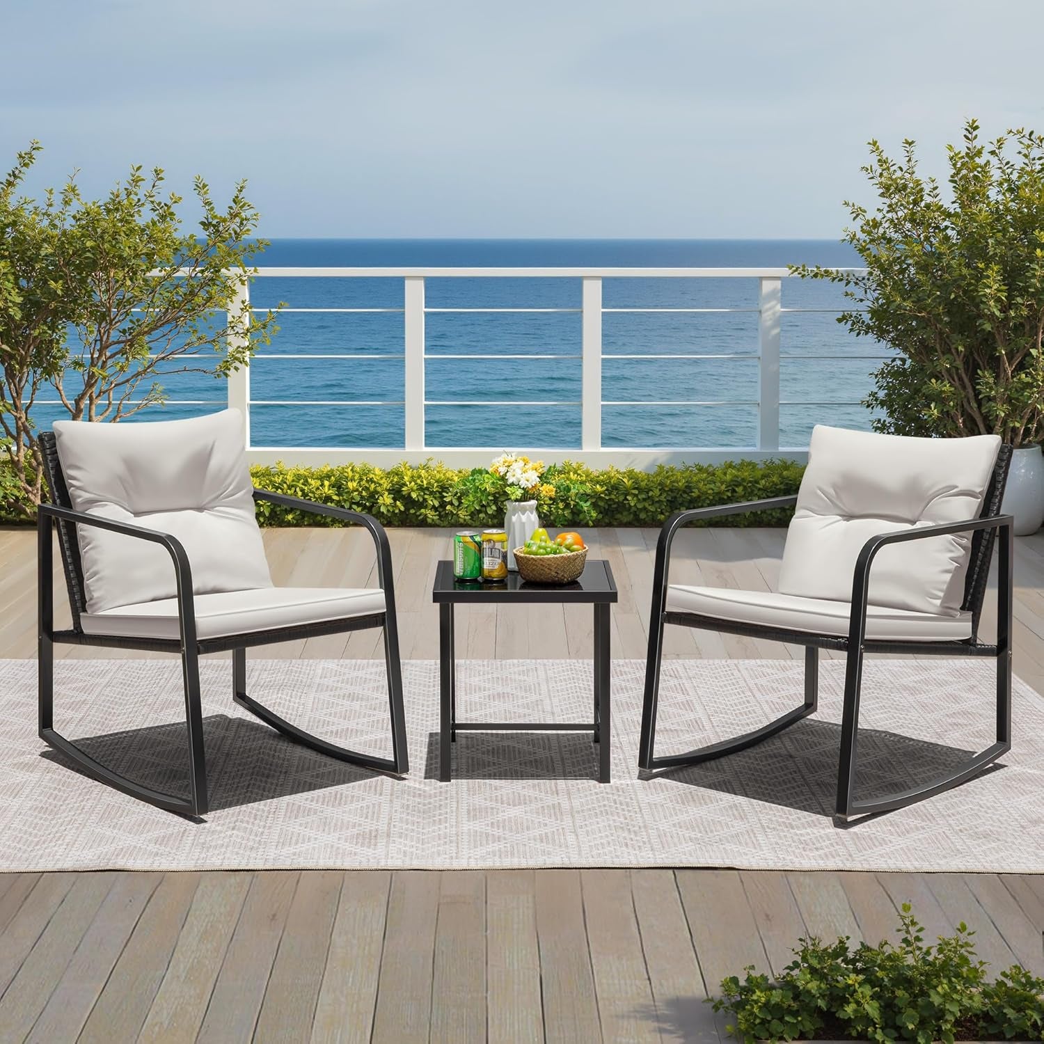 3 Pieces Rocking Wicker Bistro Set, Patio Outdoor Furniture Conversation Sets with Porch Chairs and Glass Coffee Table, Beige