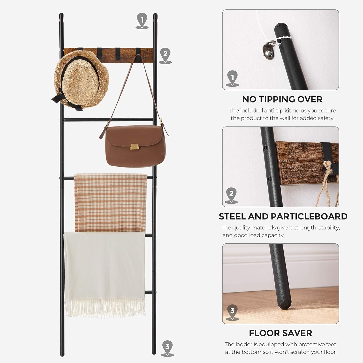 Blanket Ladder, 5-Tier Ladder Shelf, Decorative Ladder with 4 Removable Hooks, Metal Frame, Industrial Style, Rustic Brown and Black ULLS016B01