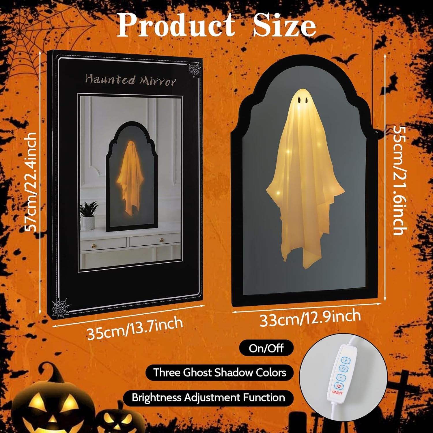 21.6" X 12.9" Halloween Ghost Mirror, Ghost Hologram Mirror with Remote, Spooky Halloween Ghost Decoration Indoor for Wall Mantle, DIY Haunted House Props-Wavy Border