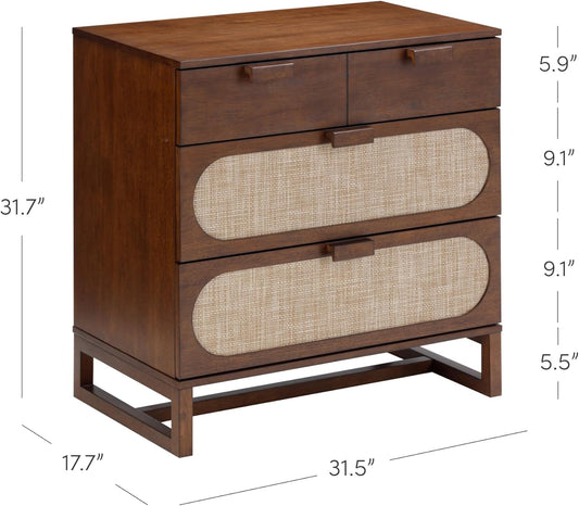 Paxton Mid-Century Modern Dresser for Bedroom, 3-Drawer Dresser with Solid Wood Frame and Textilene Rattan Accent, Dark Walnut