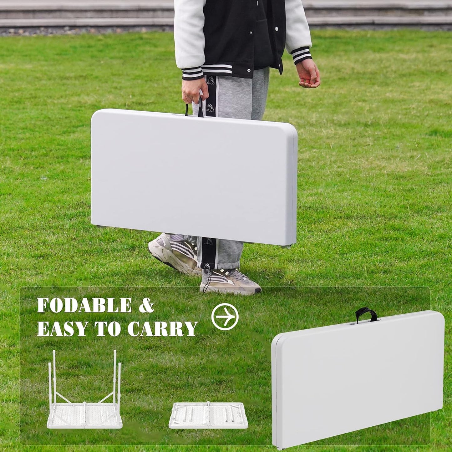 34'' Square Folding Card Table, Fold-In-Half Portable Plastic Dining Table with Carry Handle & 2 Heights for Picnic Party Commercial Events, White
