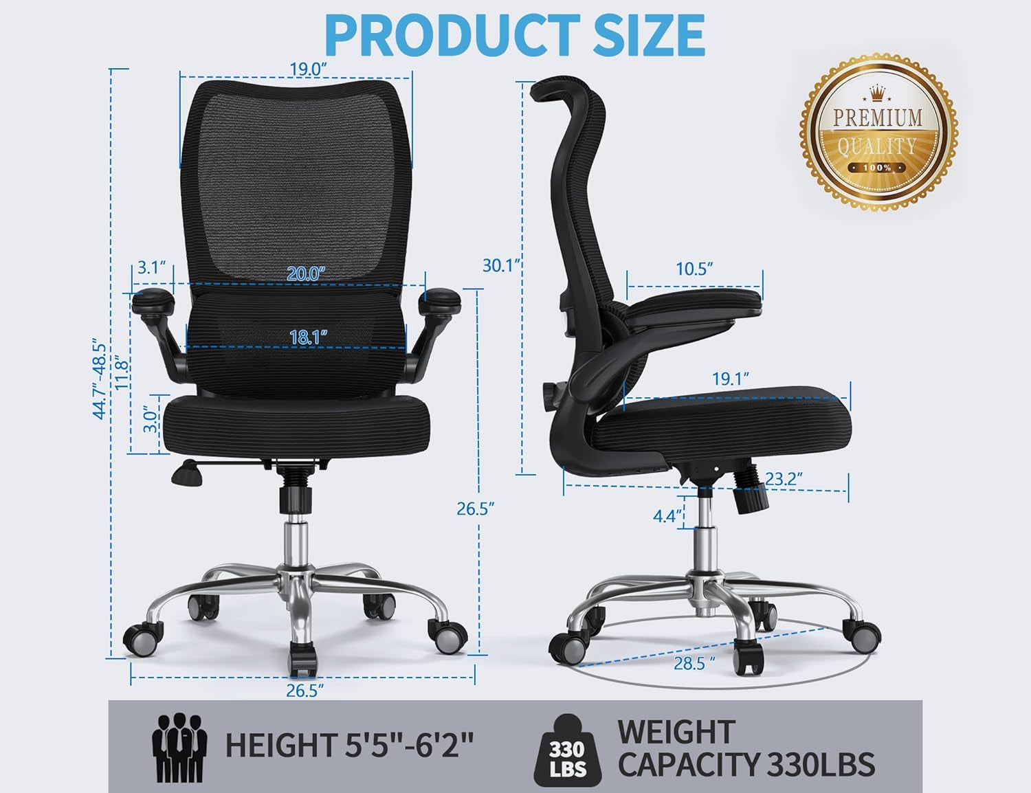 Ergonomic Office Chair - Desk Chair with Wave High Back Adjustable Lumbar Support Computer Chair - Gaming Chairs Mesh Backrest and PU Leather Seat for Home Reading Chairs to Adults(Black)