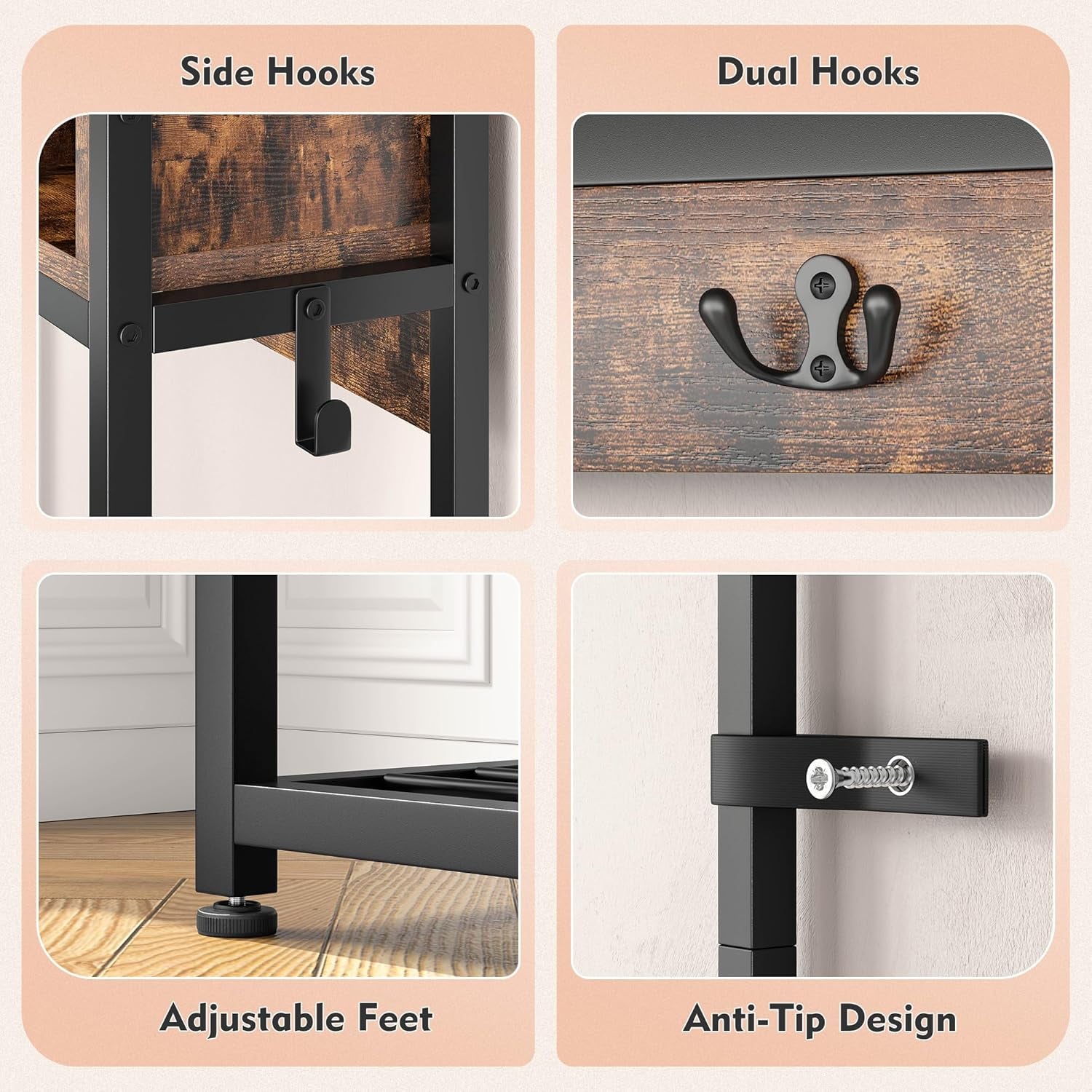 Hall Tree with Bench and Shoe Storage, Coat Rack Freestanding with 3 Fabric Drawers, Entryway Bench with Shoe Storage, Hall Tree with 12 Hooks for Hallway