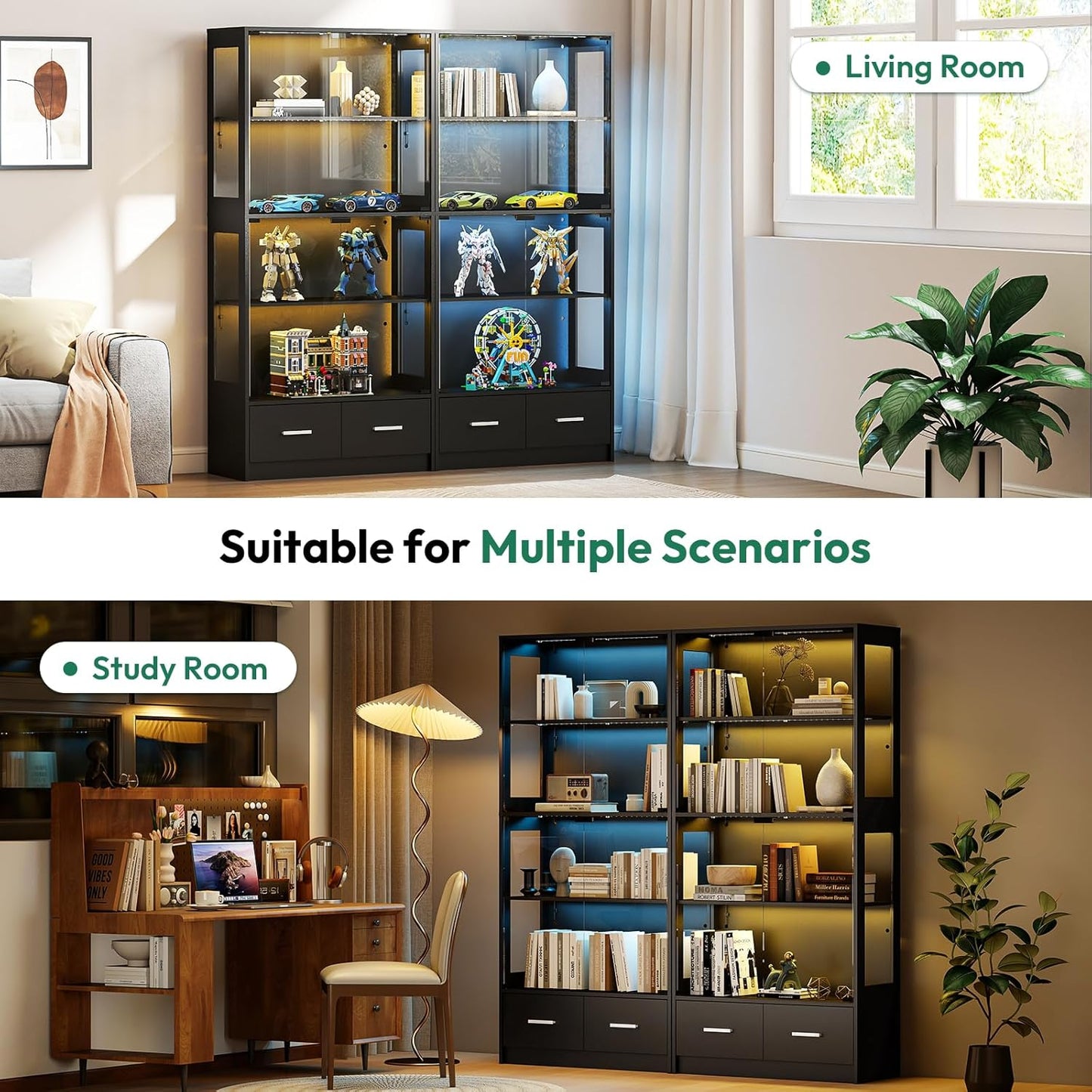 Display Cabinet with Lights - 67" Curio Cabinet for Collectibles with Glass Door and 2 Drawers, 4 Tier Glass Display Case for Living Room, Black