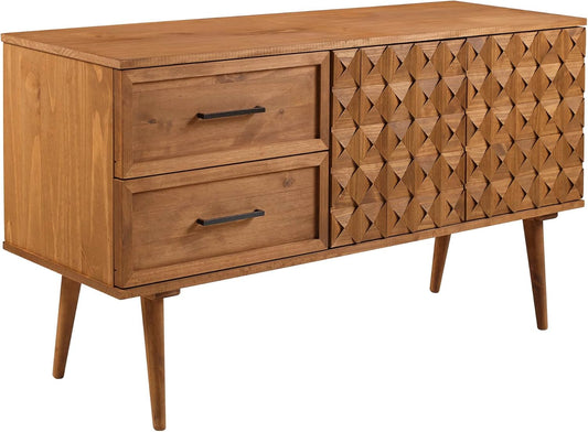 Deluca Boho Solid Wood 2 Door Sideboard with Prism Detail, 58 Inch, Caramel