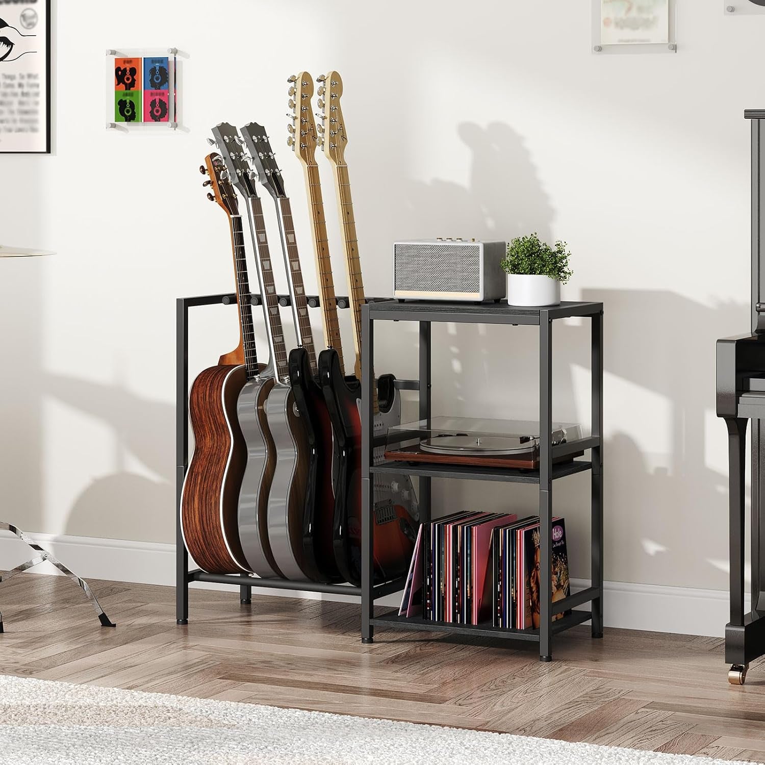 Guitar Stand, Guitar Holder for 4-5 String Instruments, Suitable for Acoustic Guitar, Bass, Guitar Rack with Side Shelves for Record Player, with Non-Slip Rubber Pads, Black GSBK9501
