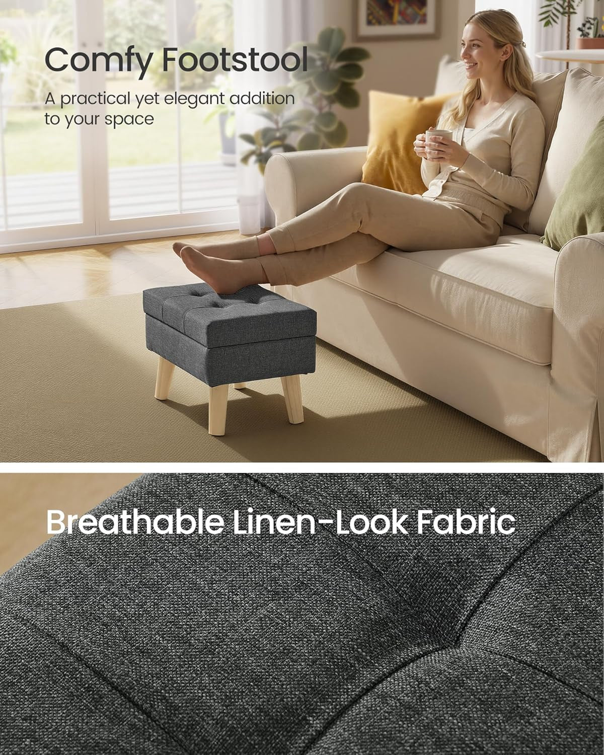 Storage Ottoman, Foot Stool, Ottoman with Padded Seat, Foot Rest with Wood Legs, Small Table, for Hallway, Living Room, 11.8 X 15.7 X 11.4 Inches, Linen-Look Fabric, Slate Gray ULOM517GN01