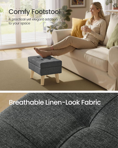 Storage Ottoman, Foot Stool, Ottoman with Padded Seat, Foot Rest with Wood Legs, Small Table, for Hallway, Living Room, 11.8 X 15.7 X 11.4 Inches, Linen-Look Fabric, Slate Gray ULOM517GN01