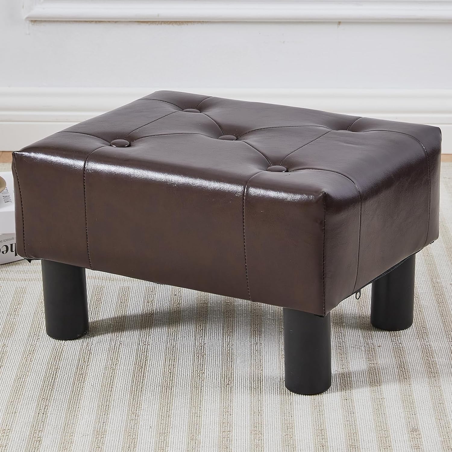 Small Foot Stool Ottoman, Faux Leather Footstool Ottoman Foot Rest for Couch, Rectangle Footstools and Ottomans Small for Living Room, Entryway and Bedroom (Brown)