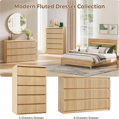 Fluted 5 Drawer Dresser for Bedroom, 43" Tall Dresser for Bedroom, Modern Fluted Chest of Drawers, Handle-Free/Floor-Mounted Wood Drawer Dresser for Living Room, Bedroom, Entryway, Hallway (Oak)