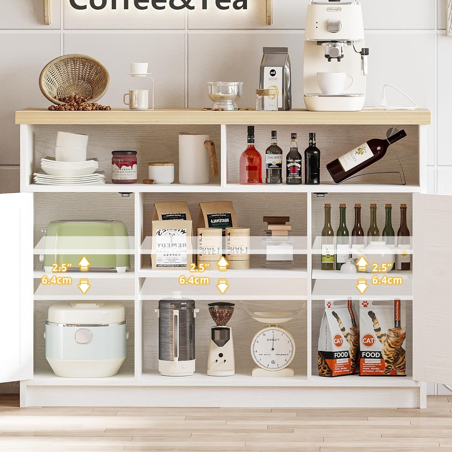 Buffet Cabinet with Power Strip, 47 “ Coffee Bar Cabinet with Barn Doors and Thickened Top Board, Modern Farmhouse Sideboard Storage Buffet for Dinning Room, Kitchen, Rustic White