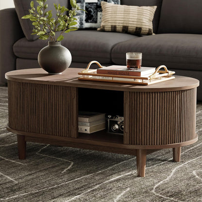Oval Coffee Table, Wood Coffee Table with Storage, Fluted Accent Center Table with Sliding Tambour Door, 39" Mid Century Modern Coffee Tables for Living Room, Bedroom, Apartment, Walnut