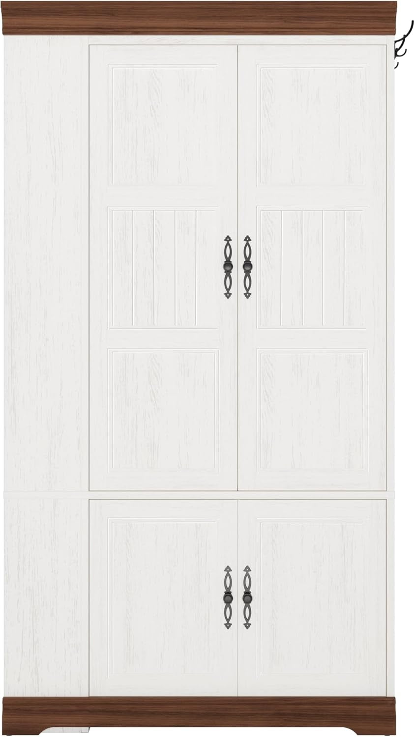 Armoire Wardrobe Closet with Side Half Mirror, 70" Freestanding 4-Door Storage Cabinet for Bedroom, Features Side Hooks, Open Compartments, Hanging Rod & Shelves, White Armoire