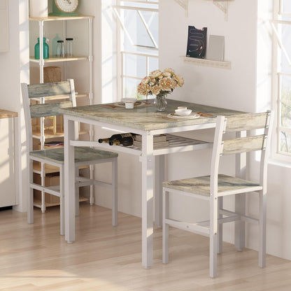 3 Piece Dining Table Set for 2, Small Wooden Kitchen Table with Storage, Farmhouse Square Dinette Set for Dining Room, Breakfast Nook, Apartment, Small Space