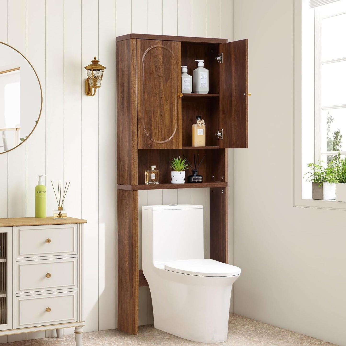 Fluted over the Toilet Storage Cabinet, Bathroom Toilet Storage Cabinet with Door, Wood Curved over the Toilet Space Saver Cabinets for Restroom Bathroom, Walnut