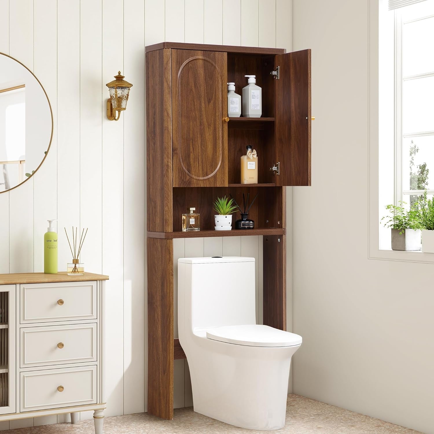 Fluted over the Toilet Storage Cabinet, Bathroom Toilet Storage Cabinet with Door, Wood Curved over the Toilet Space Saver Cabinets for Restroom Bathroom, Walnut