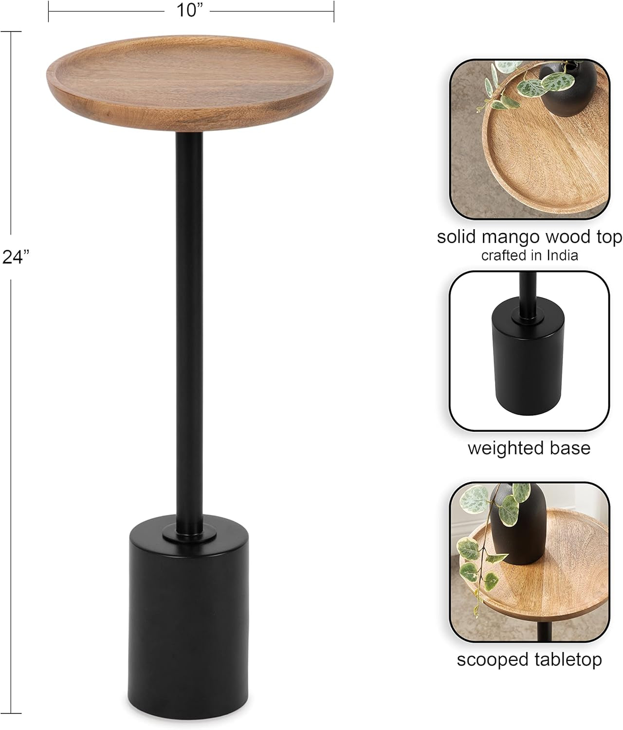 Xyler round Wood and Metal Drink Table, 10 X 10 X 24, Natural Brown Wood and Black, Transitional Plant Pedestal Table for Storage and Display