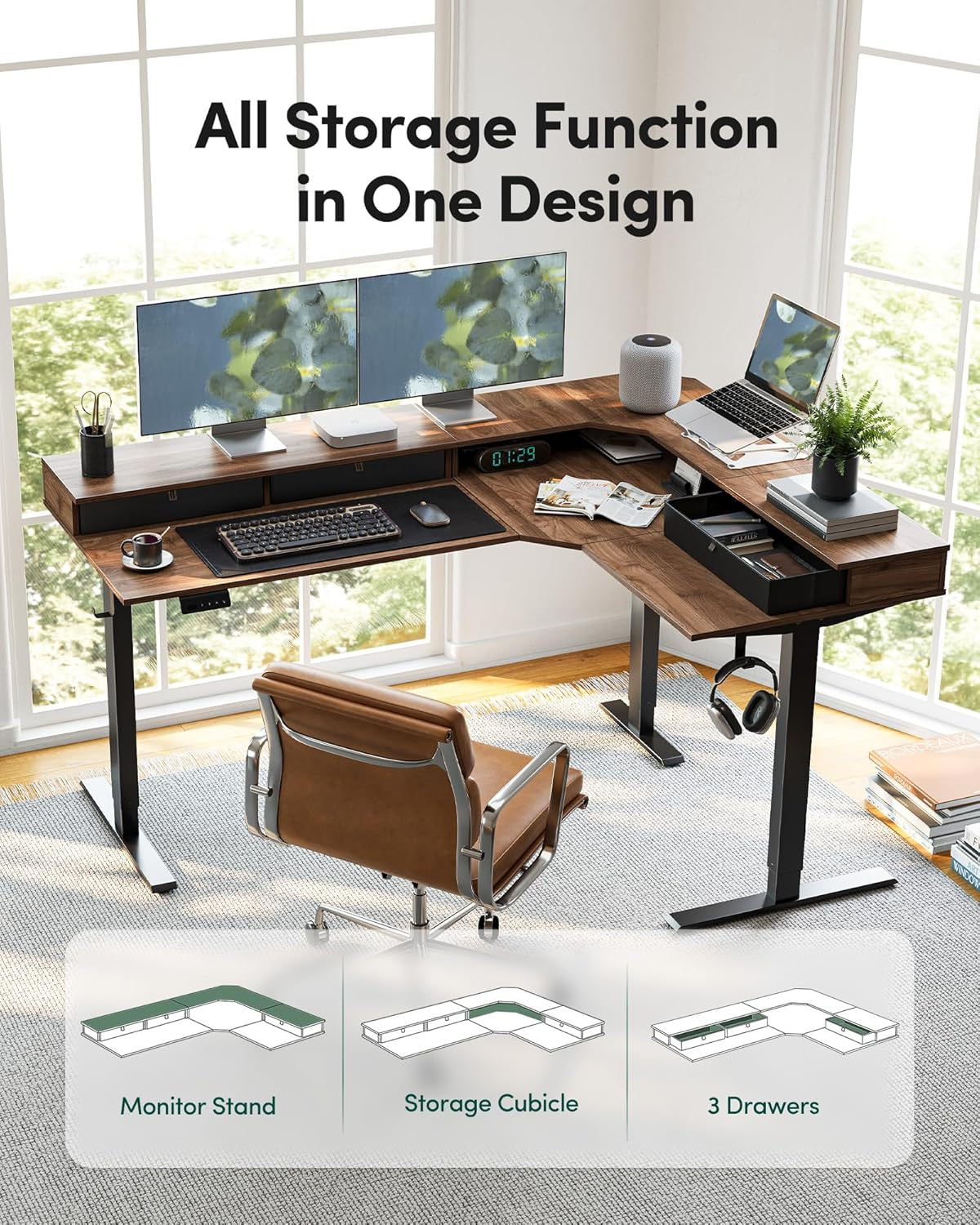 L Shaped Electric Standing Desk, 63X48 Inch Large with Drawers | Reversible Tabletop, 2 Memory Height Settings | Home Office & Gaming Height-Adjustable Table, Black Walnut（2 Packages）