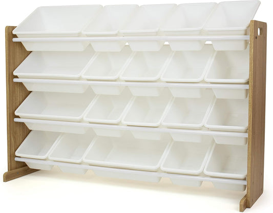 Extra-Large Toy Organizer with 20 Plastic Bins – Natural/White Storage Rack with 4-Tier Shelves, Anti-Tip Safety, for Kids’ Rooms, Playrooms, Nurseries & Classrooms
