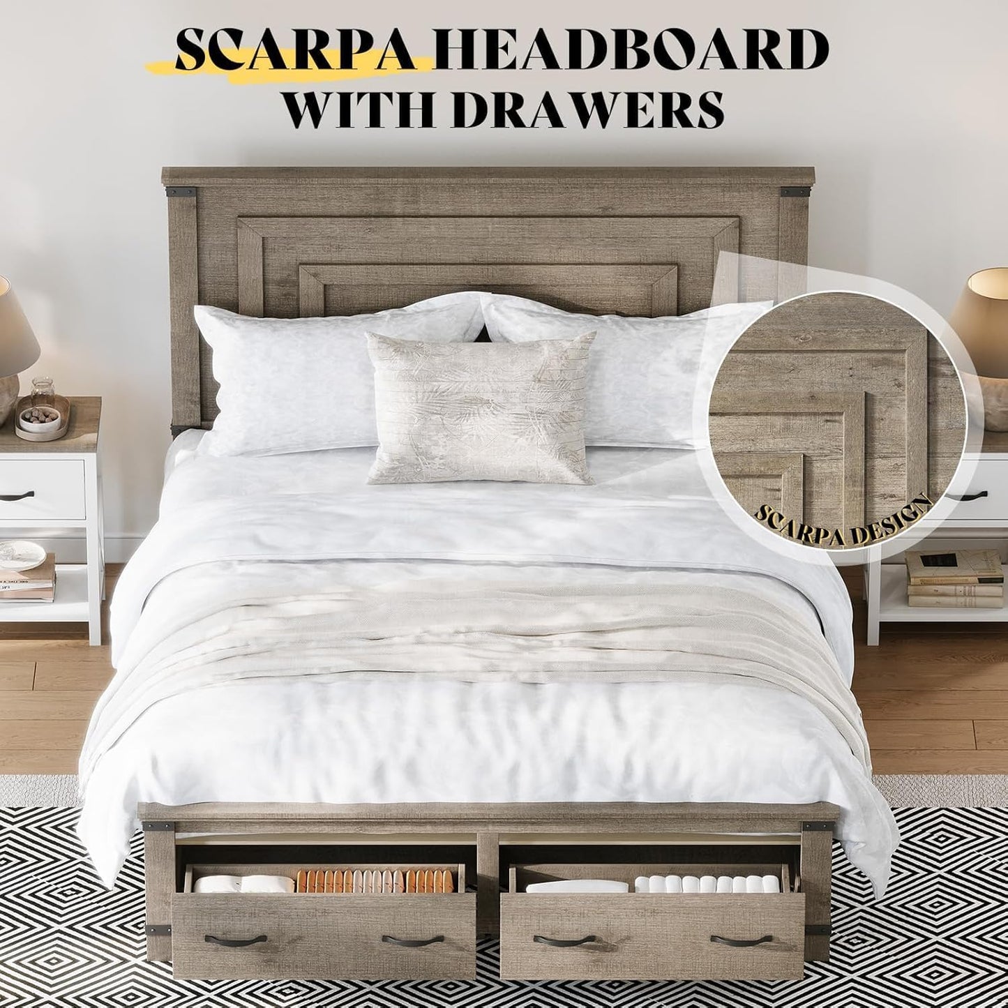 Farmhouse Queen Bed Frame with 54" Tall Geometric Headboard & Footboard, Rustic Wood Platform Bed Frame with Large Storage Drawers, Wood Slats Support, No Box Spring Needed, Rustic Gray