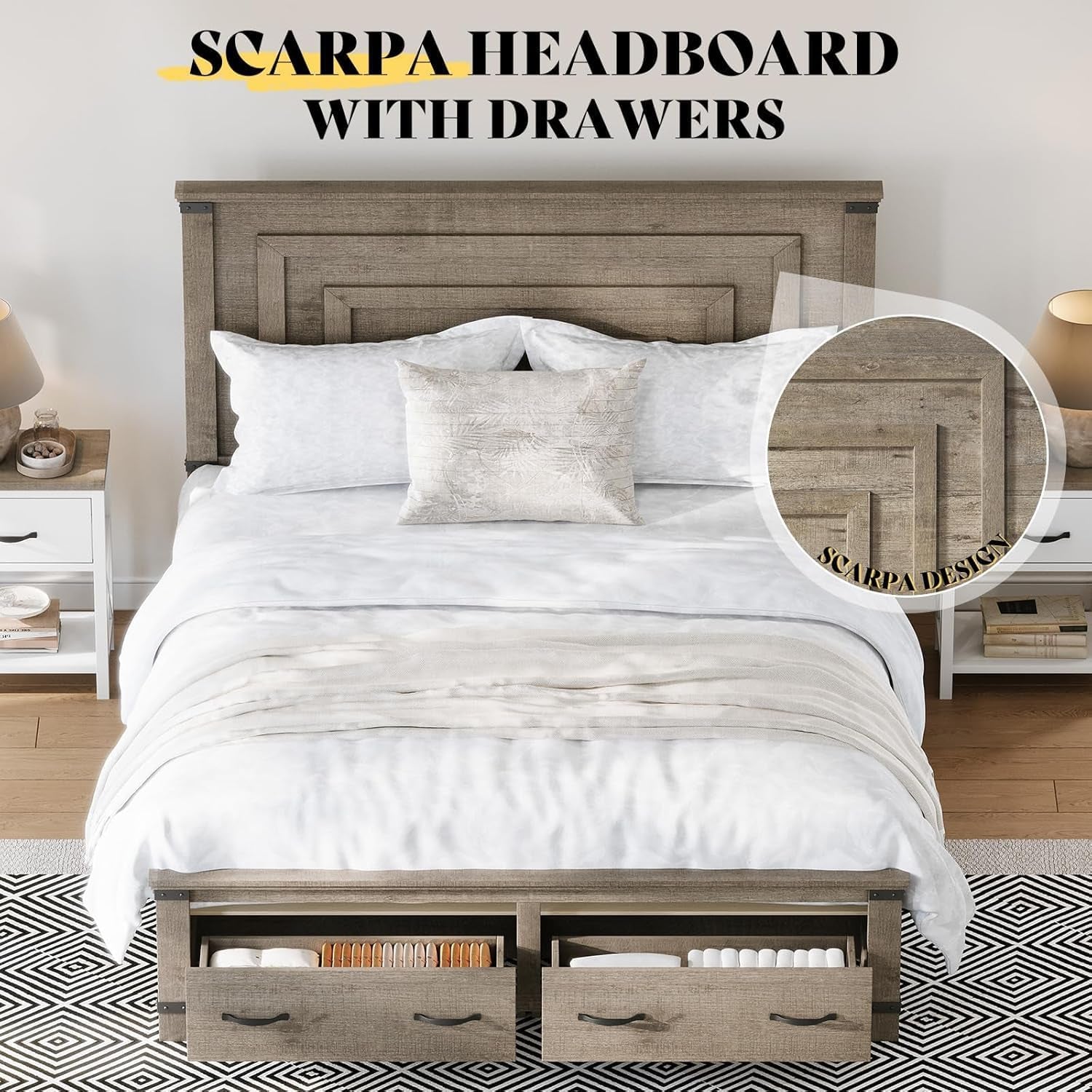 Farmhouse Queen Bed Frame with 54" Tall Geometric Headboard & Footboard, Rustic Wood Platform Bed Frame with Large Storage Drawers, Wood Slats Support, No Box Spring Needed, Rustic Gray