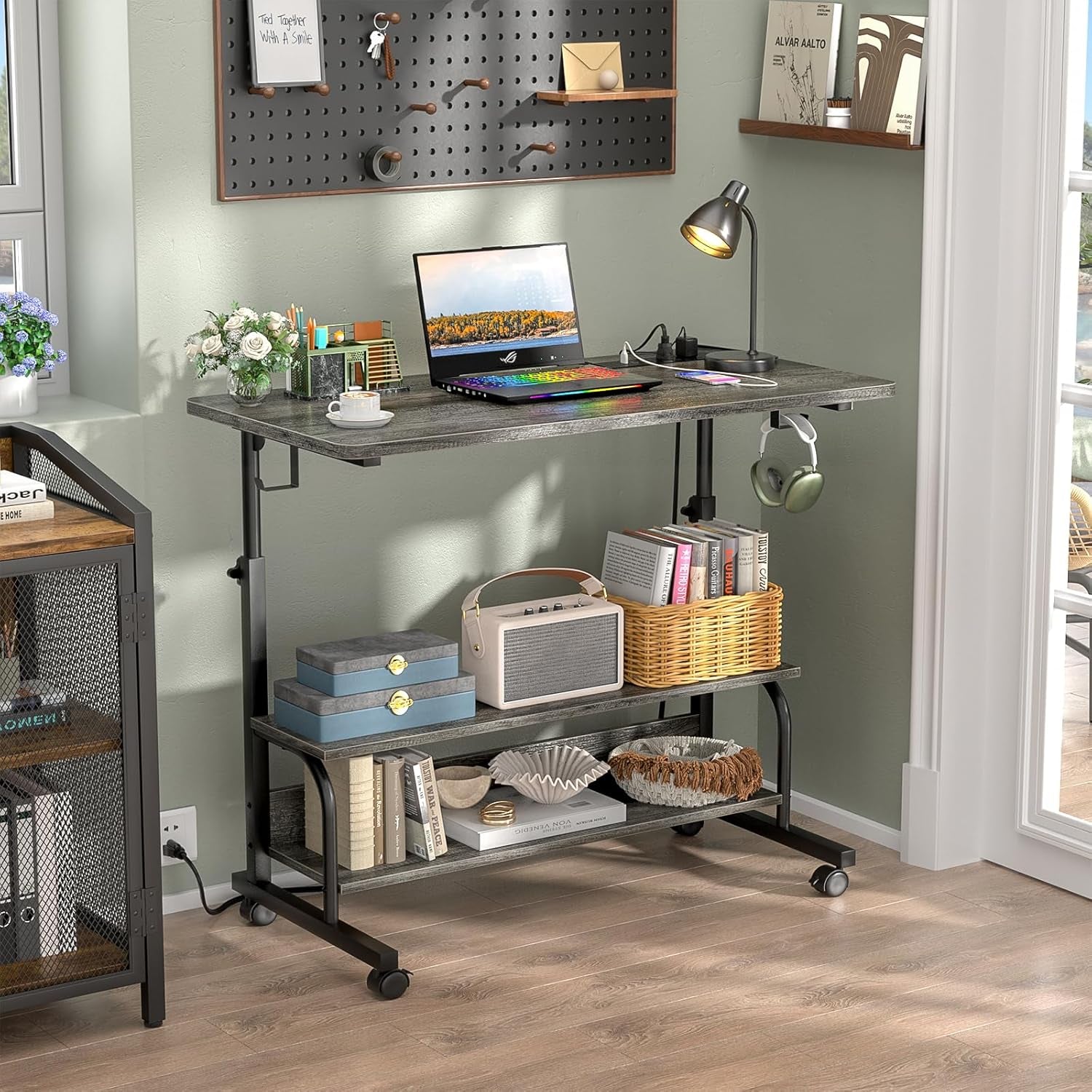 32" Height Adjustable Standing Desk with Power Outlets - Manual Rolling Stand up Desk with Wheels Small Portable Computer Desk Mobile Laptop Table with Storage Shelves for Home Office, Grey Oak