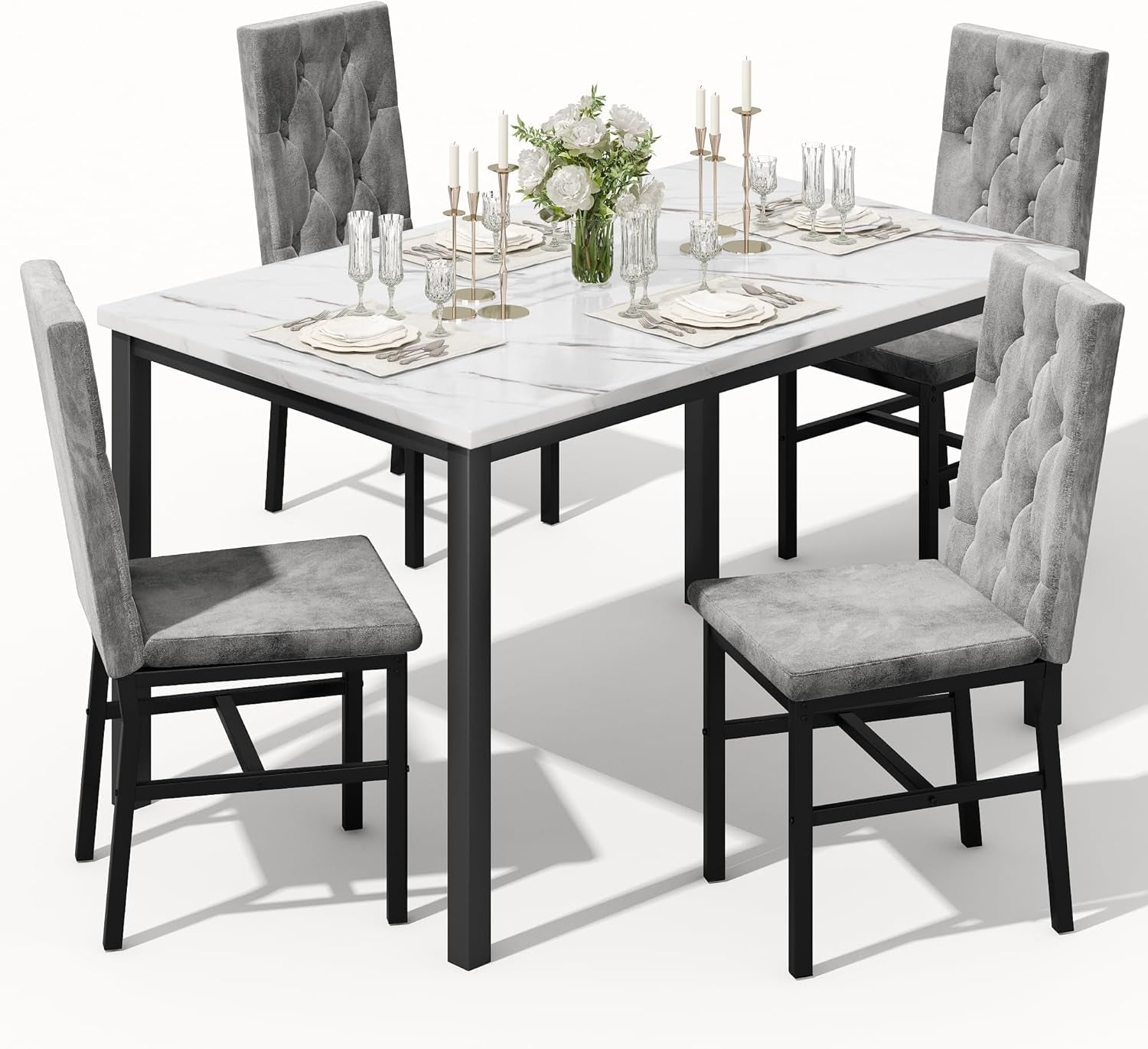 Dining Table Set for 4, Faux Marble Small Kitchen Table Chairs Set of 4 with Luxurious Button Tufted Dinner Chairs for Kitchen and Dining