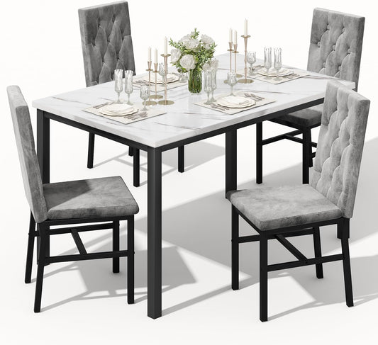 Dining Table Set for 4, Faux Marble Small Kitchen Table Chairs Set of 4 with Luxurious Button Tufted Dinner Chairs for Kitchen and Dining