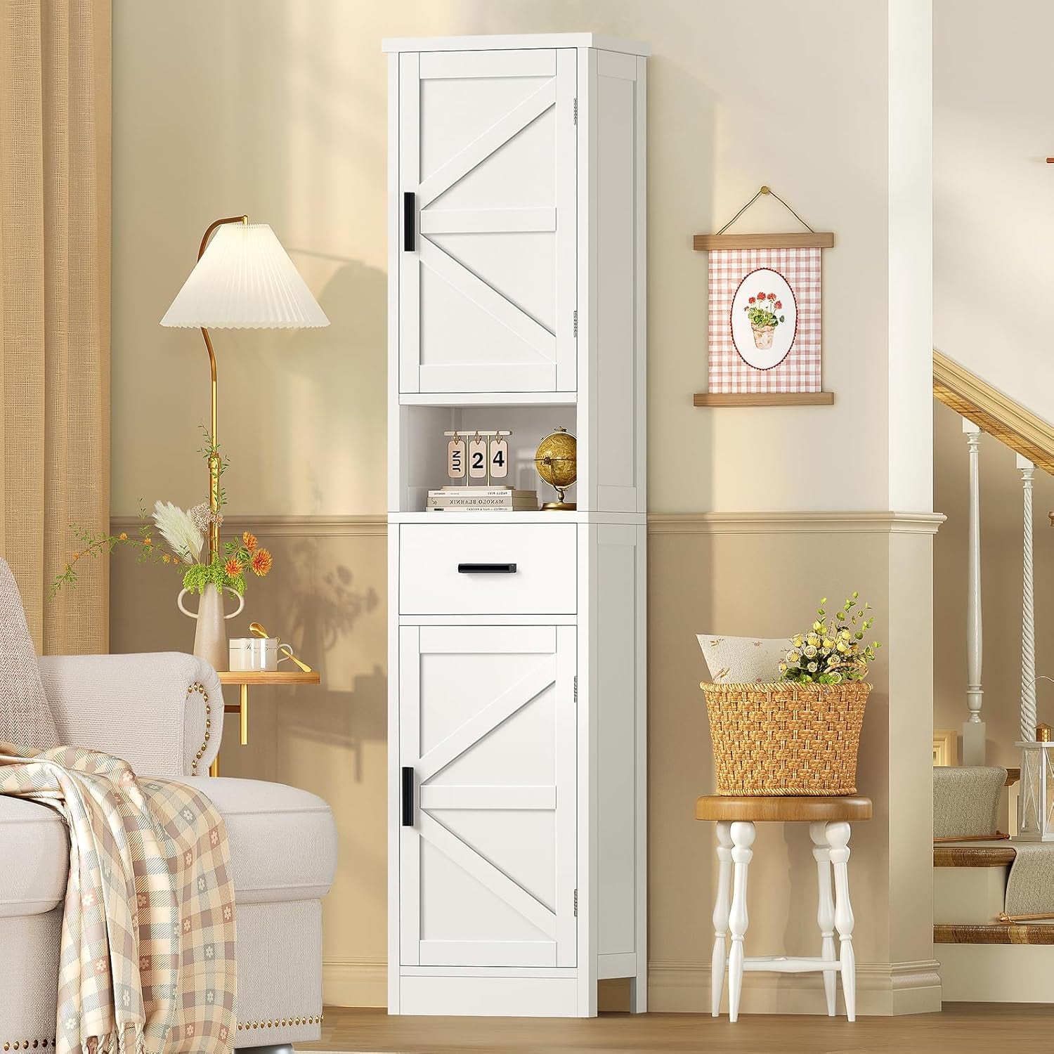 Tall Bathroom Storage Cabinet with Barn Doors, Narrow Bathroom Cabinet with Drawer, Narrow Storage Unit, Adjustable Shelves, Floor Cabinets for Living Room, Entryway, Kitchen, White