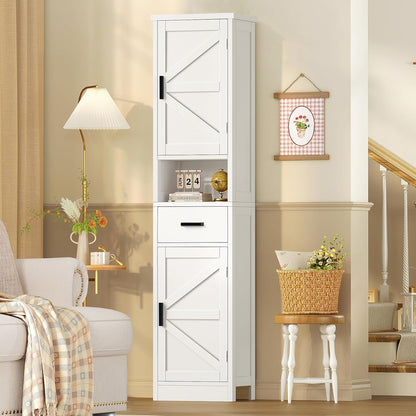 67" H Tall Bathroom Storage Cabinet with 2 Barn Doors and 1 Drawer, Narrow Bathroom Cabinet, Narrow Storage Unit, Adjustable Shelves, Floor Cabinets for Living Room, Kitchen, Forest Green