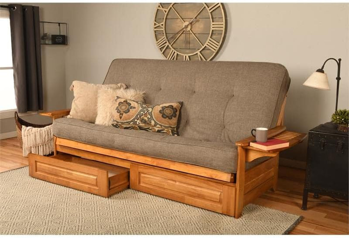 Phoenix Queen Butternut Wood Storage Futon-Linen Stone Mattress