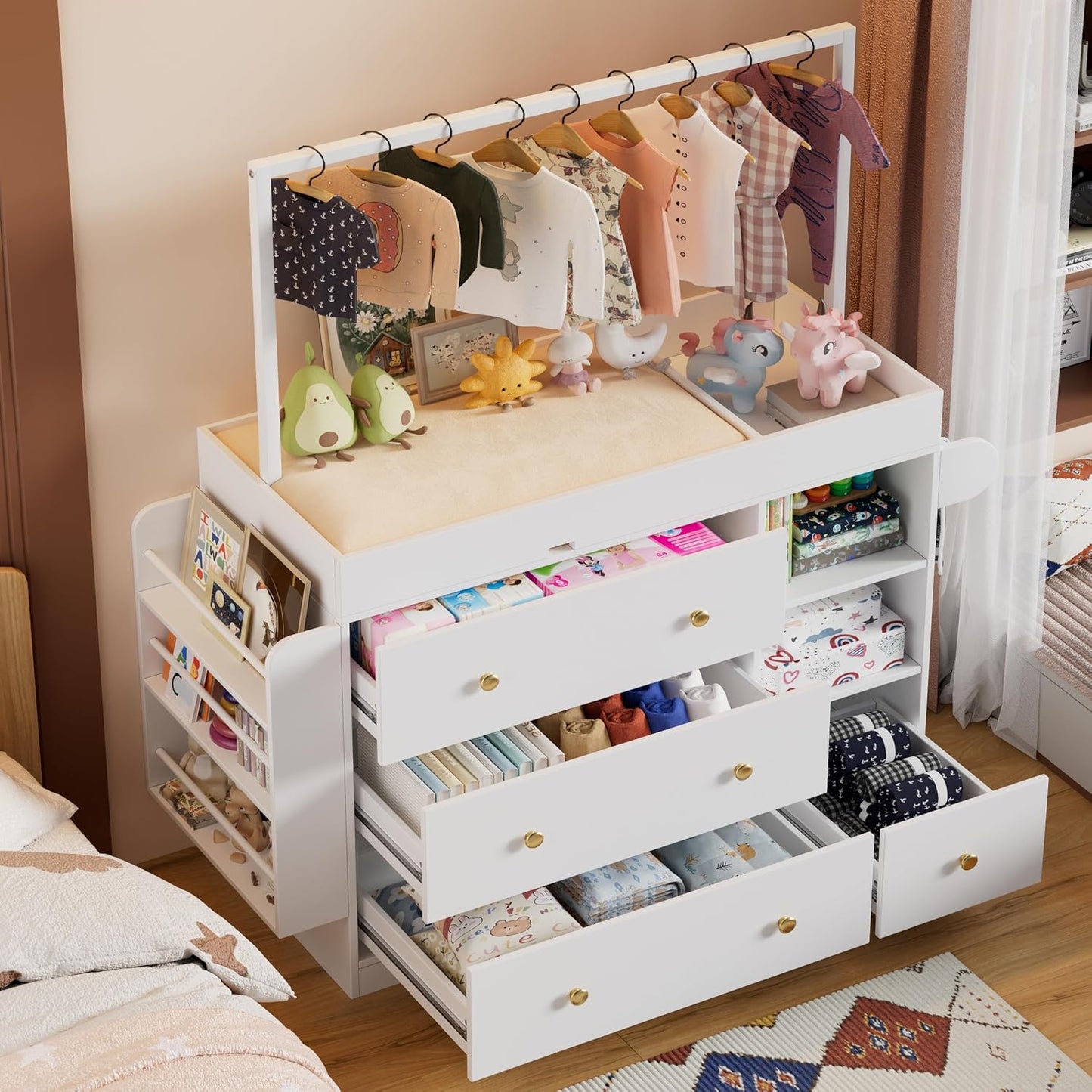 Modern Changing Table Dresser,Baby Dressing Table with 4 Drawers and Storage Shelves,Multi-Functional Baby Changing Table with Drying Rack for Nursery, White