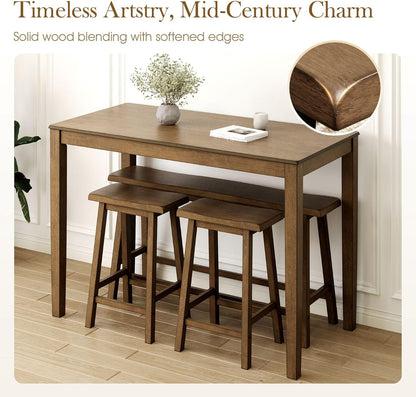 Dining Table Set for 4, Counter Height Table and Chairs, Kitchen Table Set with Bench and 2 Chairs, Small Breakfast Bar Dining Set, Rustic Caramel