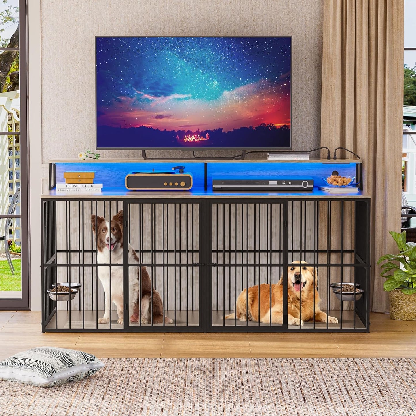 71" Dog Crate Furniture, Heavy Duty Large Dog Cage W/360° Rotating Feeder & LED Light & Power Outlets for 2 Dogs, XXL Double Dogs Kennel Furniture Indoor W/4 Lockable Doors & TV Stand Shelves