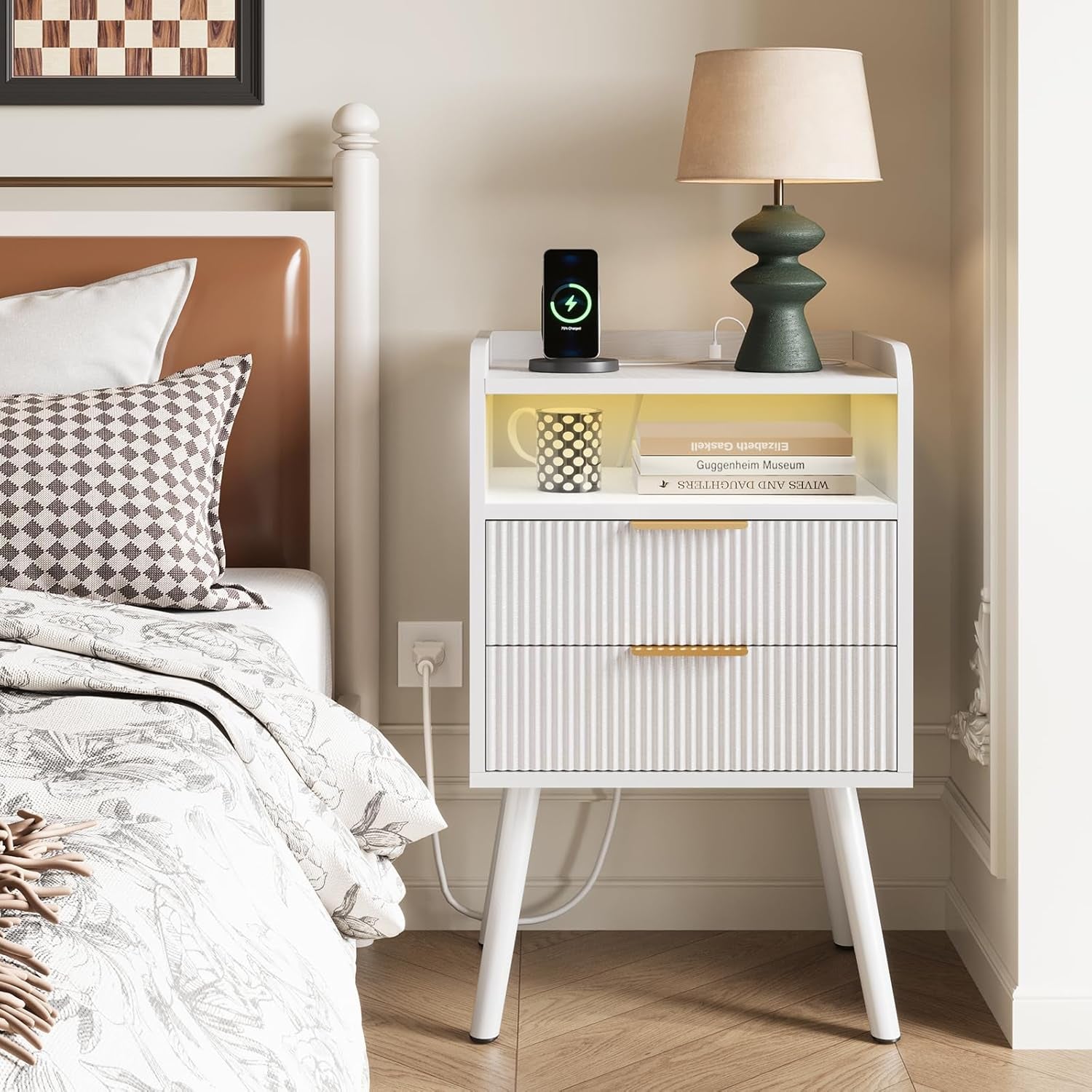White Fluted Nightstand with Charging Station, LED Night Stand with 2 Wood Drawers for Bedroom, Modern Bedside Table, 15.7 X 11.8 X 25.6In