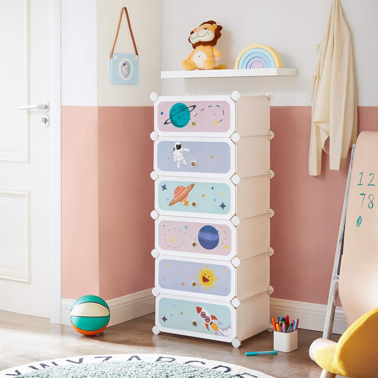Kids' Shoe Rack with Doors, 6-Slot Stackable Storage Organizer, Plastic Wardrobe, Toys, Books, Clothes, 12.2 X 16.9 X 41.3 Inches, Cloud White ULPC904W01