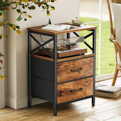 Nightstands Set of 2, Night Stand with Charger Station, 2 Drawer Side Table with Open Shelf, USB-C Port, End Table for Small Spaces, X Shaped Side Rail, Rustic Brown