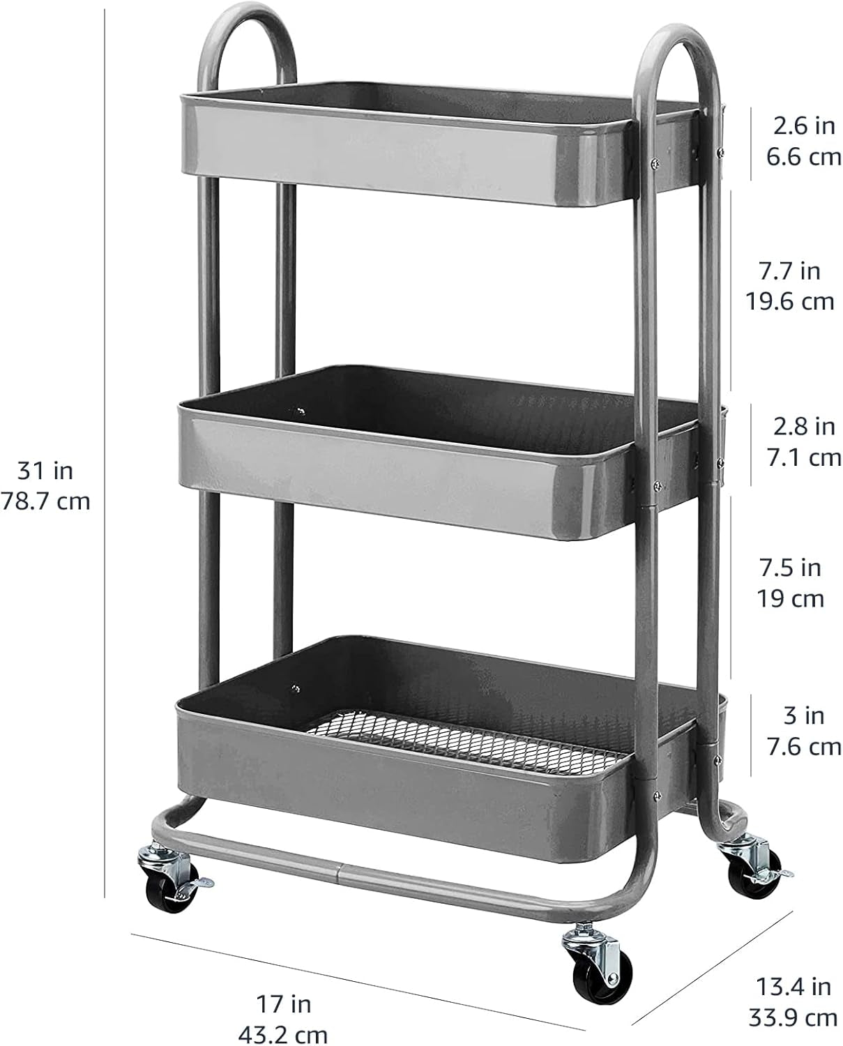 3-Tier Rolling Utility or Kitchen Cart, Lockable Wheels, Multifunctional Storage, Charcoal