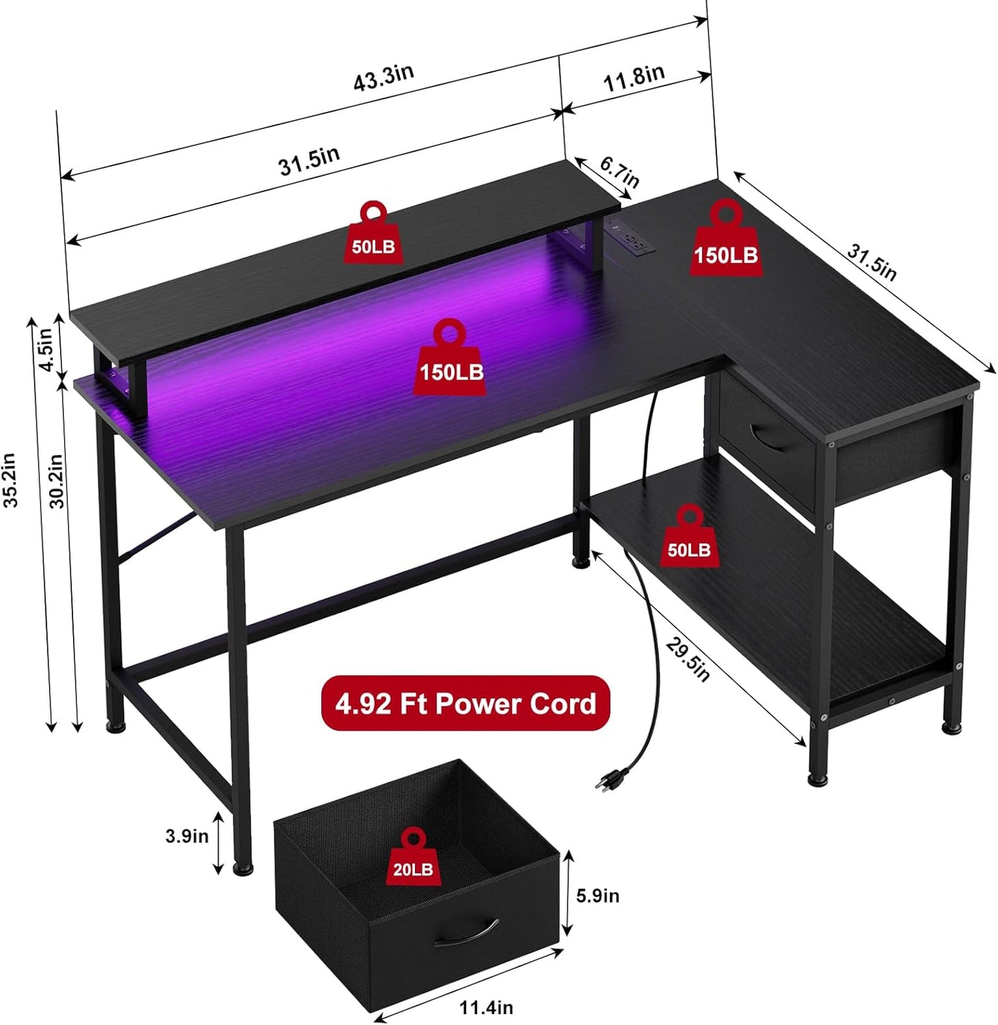 Gaming Desk for Bedroom L Shaped Small Corner Computer Desk with Power Outlets and LED Lights, PC Desk, Home Office Desks with Drawer, Writing Desk Study Desk, Black