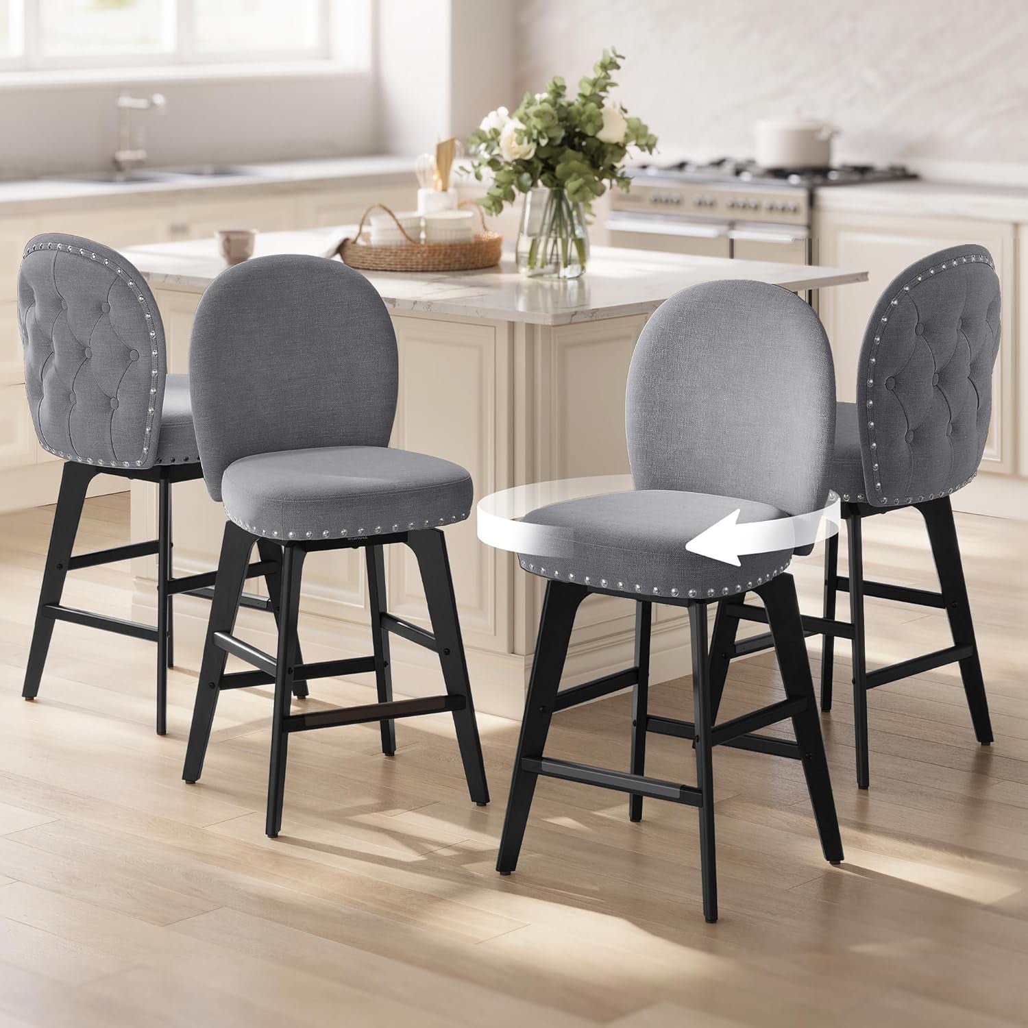 Bar Stools Set of 4, Swivel Counter Height Bar Stools with Back and Wood Legs, Chenille Fabric Upholstered Barstools, 26.2-Inch Tall Counter Barstools for Kitchen Island, Slate Gray