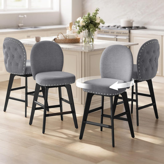 Bar Stools Set of 4, Swivel Counter Height Bar Stools with Back and Wood Legs, Chenille Fabric Upholstered Barstools, 26.2-Inch Tall Counter Barstools for Kitchen Island, Slate Gray