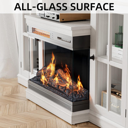 Glass Fireplace TV Stand for Tvs up to 65 Inch, Media Entertainment Center with Storage, White Wash