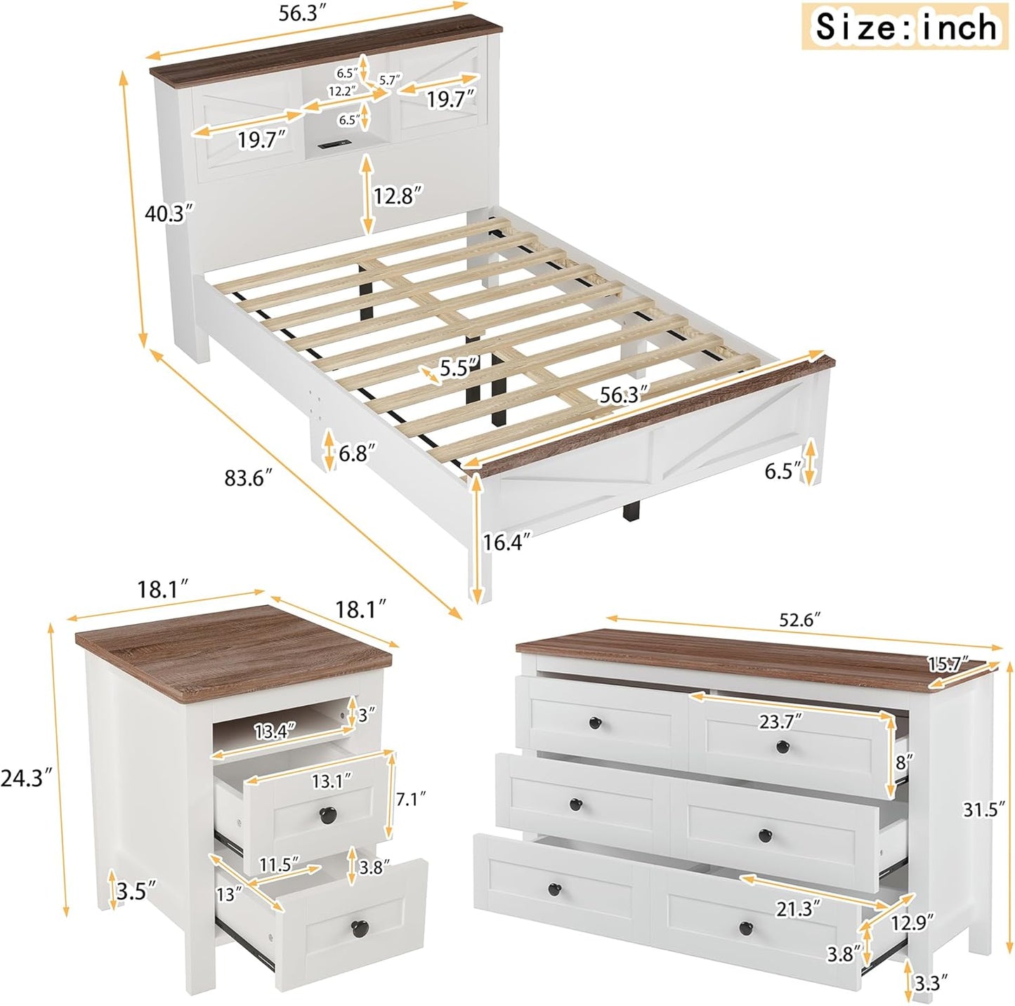 3-Pieces Full Size Bedroom Sets Farmhouse Platform Bed with Double Sliding Door Storage Headboard, Storage Nightstand and Dresser, White