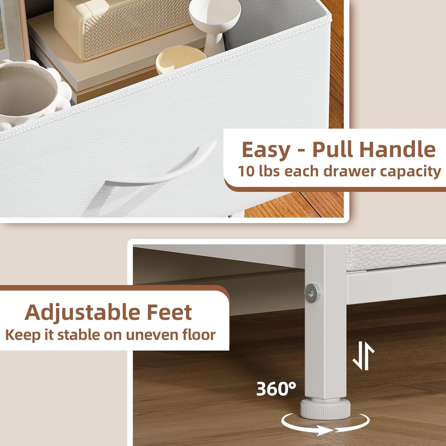 Tall Dresser for Bedroom with 5 Drawers, Storage Organizer Chest of Drawers with Removable Fabric Bins for Closet Bedside Nursery Laundry Living Room Entryway Hallway, White Leather